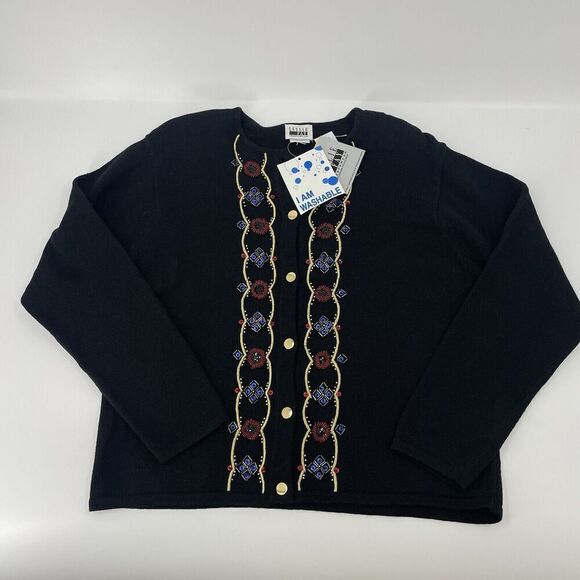 Leslie Fay Vintage Women Large Black Sweater Beaded Embellished Sequin Cardigan - Picture 1 of 15